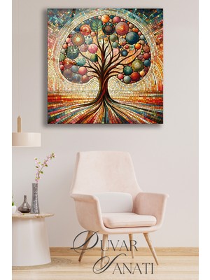 Beta Moda Hub Rengarenk Hayat Ağacı Kare Cam Tablo, Modern Ev Salon Ofis Dekorasyonu Büyük Duvar Dekoru