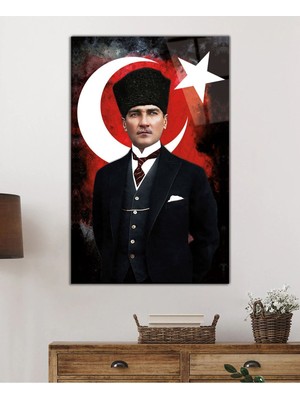 Beta Moda Hub Türk Bayrağı ve Mustafa Kemal Atatürk Portresi Cam Tablo, Temperli ve Rodajlı Dayanıklı  Cam