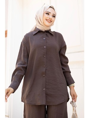 Tesettür Diyarı Kadın Pantolon Gömlek 2 Li Takım-Kahverengi
