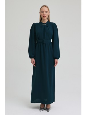 Vavinor Yakası Taşlı Kemerli Elbise - Petrol