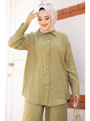 Tesettür Diyarı Kadın Pantolon Gömlek 2 Li Takım-Yağ Yeşili