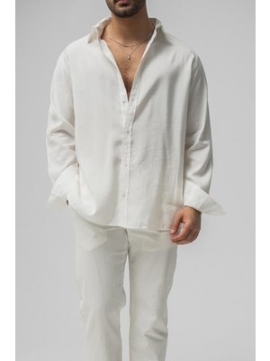 Tarz Cool Erkek Haki Düz Keten Oversize Gömlek
