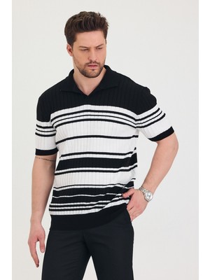 Tarz Cool Erkek Polo Siyah Beyaz Çizgi Detaylı Triko T-Shirt