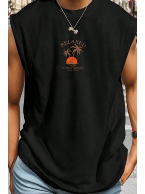 Tarz Cool Palmiye Ağaç Baskılı Beyaz Kolsuz Atlet Tshirt Erkek Sıfır Kol Oversize T-Shirt
