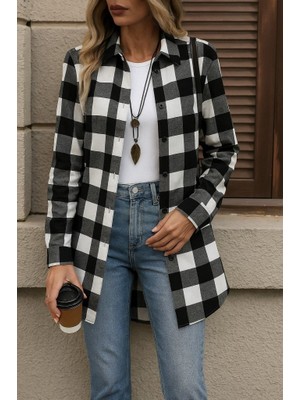 Indispensablely Kadın Uzun Kollu Ekoseli Önden Düğmeli Dokuma Uzun Gömlek