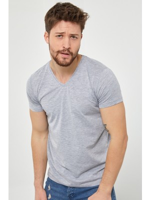 Tarz Cool Erkek Gri V Yaka Slim Fit Likralı T-Shirt VYKTSR05S