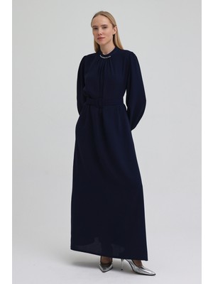 Vavinor Yakası Taşlı Kemerli Elbise - Lacivert
