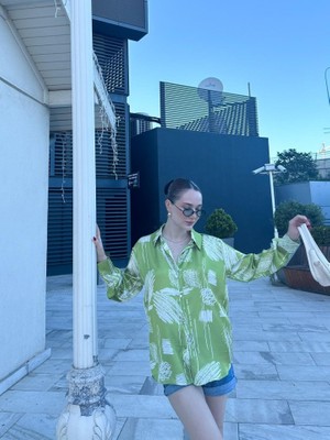 Indispensablely Kadın Uzun Kollu Dijital Baskılı Salaş Saten Gömlek