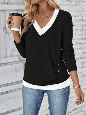 Indispensablely Kadın Uzun Kollu V Yakalı Yandan Düğmeli Yün Viskon Bluz