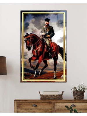 Beta Moda Hub Gold Şeritli At Üzerinde Atatürk Portresi Cam Tablo, Temperli ve Rodajlı Dayanıklı  Cam