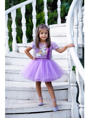 Duca Unicorn Baskılı Payetli Bluz ve Kabarık Tütü Etekli Takım