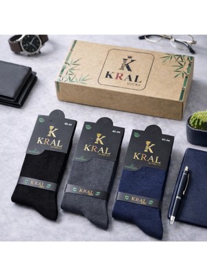 Kral Socks Premium Busines (3 Çift Kutulu) Klasik Uzun Boy Mevsimlik Dikişsiz Erkek Bambu Soket Çorap
