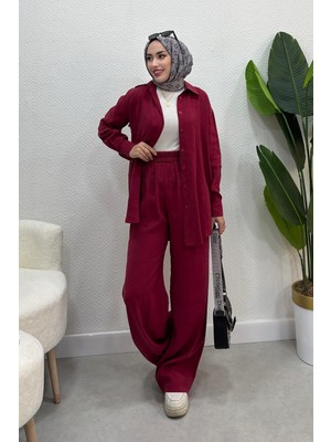 Tesettür Diyarı Kadın Pantolon Gömlek 2 Li Takım-Bordo