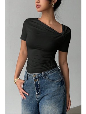 Tarz Cool Kadın Beyaz Çapraz Yaka Kısa Kollu Slim Fit Bluz