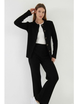 Irmak Kerekli Kadın Yumuşak Dokulu Hırka-Pantolon Alt-Üst Triko Takım 7119 Siyah