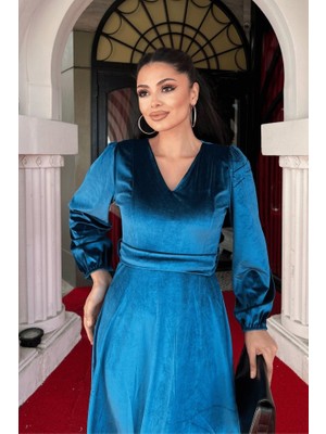 Indispensablely Kadın Uzun Kollu V Yaka Kuşak Dahil Kadife Kumaş Midi Boy Elbise