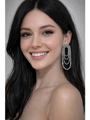 No Name Zirkon Taşlı Su Yolu Sallantılı Gümüş Kaplama Küpe Günlük Kullanım -Özel Günler