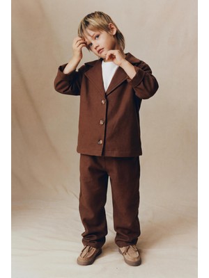 Magu Erkek Çocuk Pamuklu Kahverengi Düğmeli Ceket ve Pantolon Takım