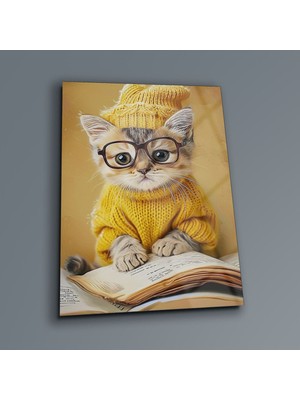 Beta Moda Hub Kitap Okuyan Kedi Cam Tablo , Soyut Duvar Dekoru , Temperli Cam Üzeri Baskı , Modern Duvar Tablo