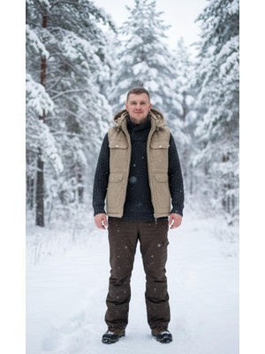 Hamitogulları Koyu Bej Kapşonlu Torba Cepli ve Yan Cepli Polarlı Yelek