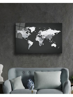 Beta Moda Hub Soyut Detaysız Dünya Haritası Cam Tablo, Temperli ve Rodajlı Dayanıklı  Cam