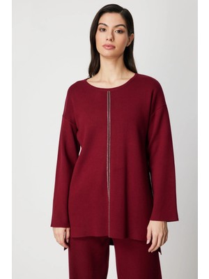 On Fashion Kadın Zincir Şeritli Bordo Kazak 63320