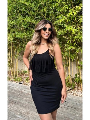 Indispensablely Kadın Sıfır Kol Önü Püsküllü Askılı Viskon Mini Elbise