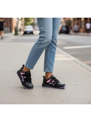 ZOE3tr Kadın Siyah Günlük Pembe-Lila Detaylı Cırtlı Spor Ayakkabı
