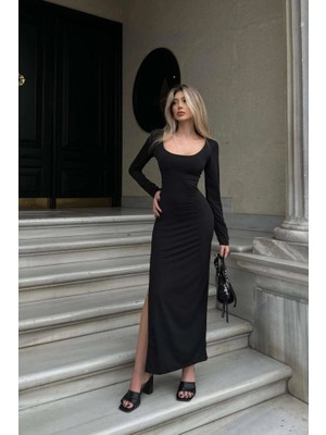 Indispensablely Kadın Kırmızı Yarım Balıkçı Tek Taraf Yırtmaçlı Uzun Kol Elbise