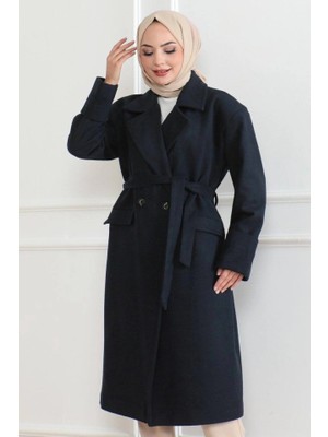 Indispensablely Kaşe Kaban – Uzun Boy Kruvaze Yaka Kuşaklı Tesettür Kaşe Kışlık Kaban, Astarlı Şık Yünlü Dokuma Ove