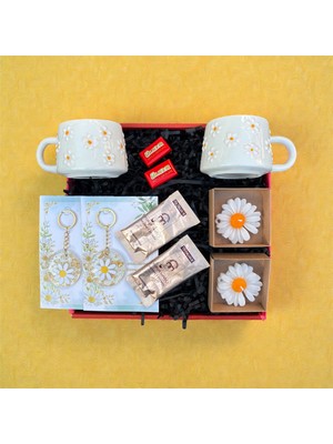 Marmori Papatya Ikili Seramik Kupalı Epoksi Anahtarlık Kahve Papatya Mum Çikolata Hediye Seti
