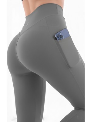Emfure Haki Kadın Spor Tayt Çift Cepli Sıkılaştırıcı Toparlayıcı Yüksek Bel Sporcu Taytı Leggings Fitness