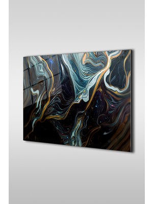 Beta Moda Hub Petrol Mavisi Soyut Ebru Desen Yatay Cam Tablo