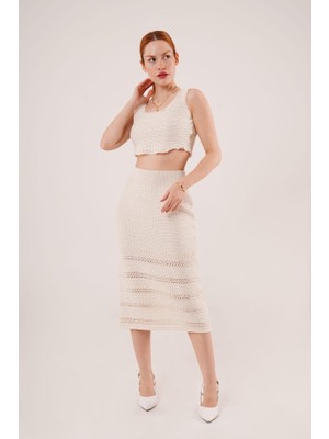 Indispensablely Örme Detaylı Etek ve Bluz Krem Takım