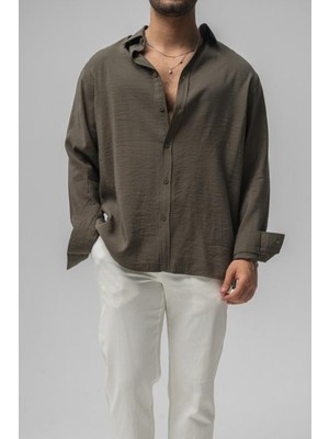 Tarz Cool Erkek Haki Düz Keten Oversize Gömlek