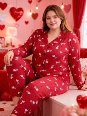 NiCe İç Giyim Kırmızı Kalp Desenli Büyük Battal Beden Kadın Pijama Takım (3xl / 5 Xl Aralığı) 14 Şubat