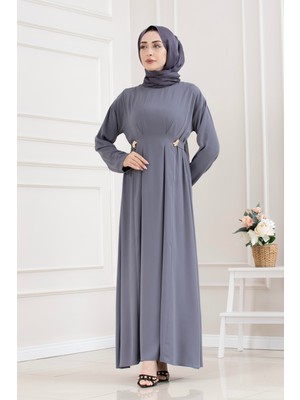 Sevitli Beli Toka Detaylı Tesettür Elbise-Gri
