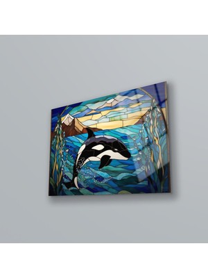 Beta Moda Hub Vitray Görünümlü Yunus Balığı Modern Tablo , Temperli Cam Üzeri Uv Baskı , Oturma Odası Duvar Dekoru