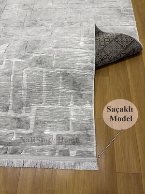 NarStore Home Aksu Saçaklı Stan Gri Kaymaz Tabanlı Kesme Kabartmalı Salon Koridor Mutfak Yıkanabilir Halı