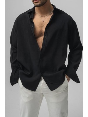 Tarz Cool Erkek Haki Düz Keten Oversize Gömlek