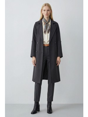 Rays 3034A Bel Bağlama Detay Uzun Trençkot Siyah