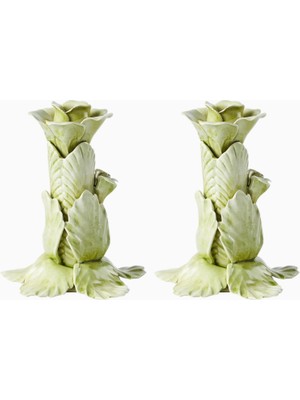 Bitossi 2’li Çiçek Formlu Heykelsi Italyan Tasarımı, Seramik Mumluk Seti Verde