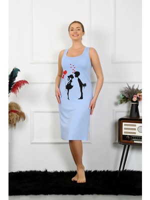 Veralya Moda Kadın Kalın Askılı Penye Uzun Mavi Gecelik