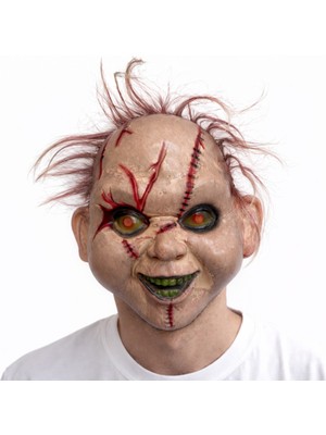 Meks Saçlı Chucky Korku Maskesi – Gerçekçi Dikişli ve Detaylı Maske
