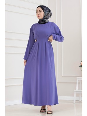 Sevitli Beli Toka Detaylı Tesettür Elbise-Lila