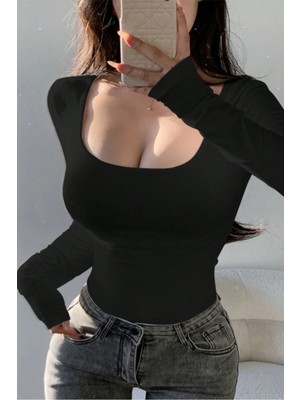 Tarz Cool Kadın Beyaz Kare Yaka Uzun Kollu Esnek Body – Günlük & Şık Slim Fit Basic Bluz