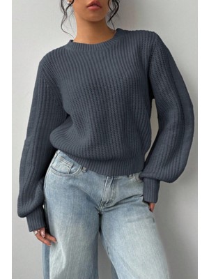 Tarz Cool Kadın Lacivert Oversize Bisiklet Yaka Balon Kol Fitilli Triko Kazak