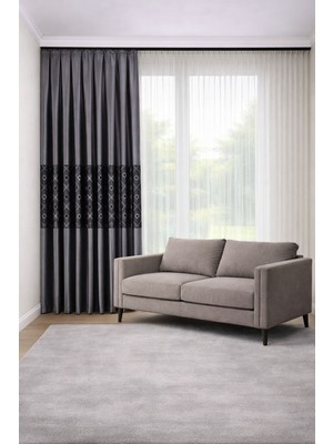 Perde Merkezi Püskül Antrasit Gri Pano Fon Perde Salon ve Misafir Odalarına Uygun 1/3 Sık Pileli Tek Kanat Lüks Modern Fon Perde