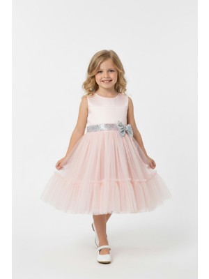 Modanino Kız Çocuk Elbise -Saten Tüllü Kumaş-Kuşak ve Fiyonk Detaylı 2-8 Yaş 12517