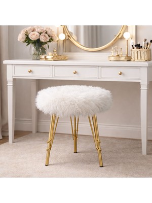 Ratemo Mobilya Peluş Puf Makyaj Taburesi – Gold Metal Ayaklı (40X40 Cm)